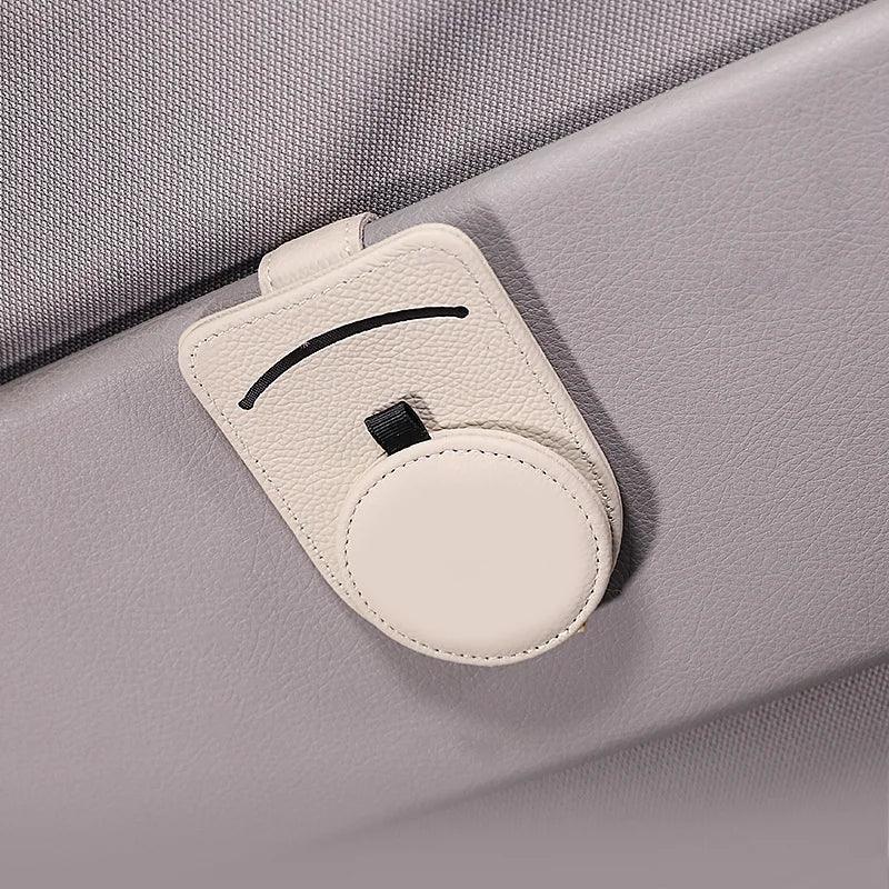 Genuine Leather Car Sun Visor Sunglasses Holder with Card Clamp