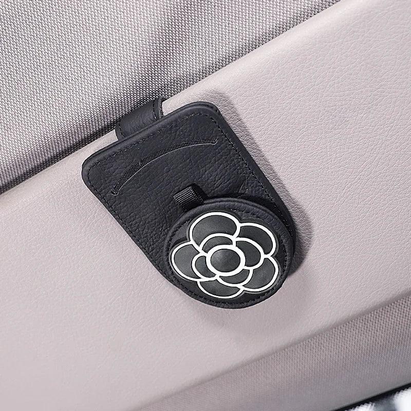 Genuine Leather Car Sun Visor Sunglasses Holder with Card Clamp