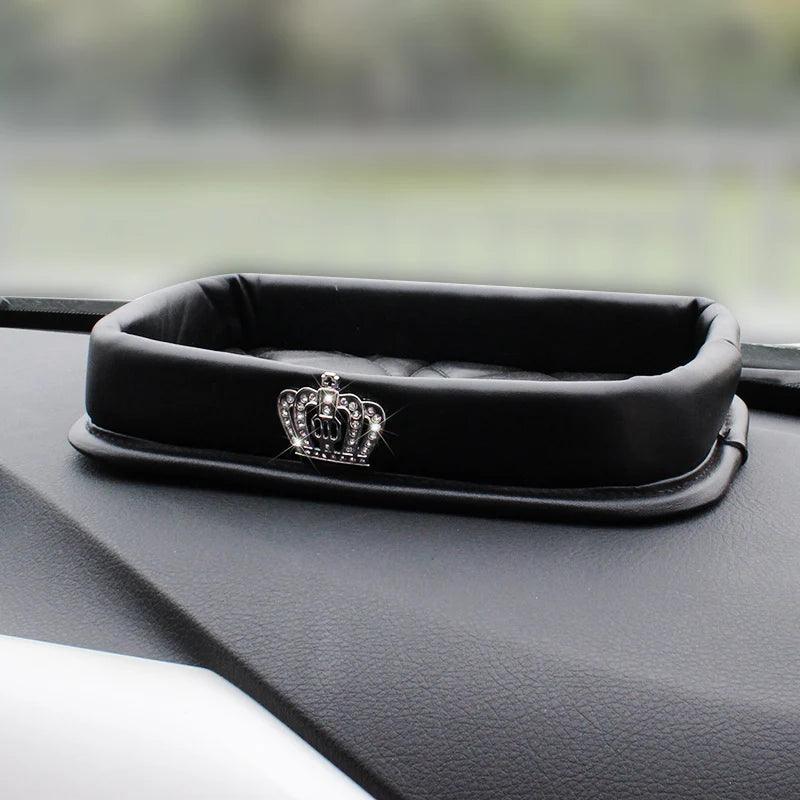 Camellia Rhinestone PU Leather Car Phone Storage Box Dashboard Organizer