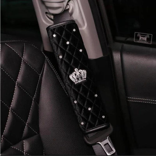 Bling Rhinestone Crown Car Seat Belt Covers - Black Pink Crystal Plush
