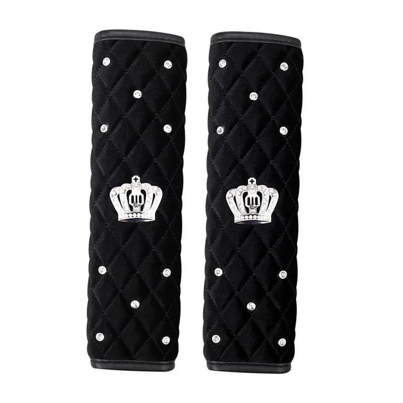 Bling Rhinestone Crown Car Seat Belt Covers - Black Pink Crystal Plush