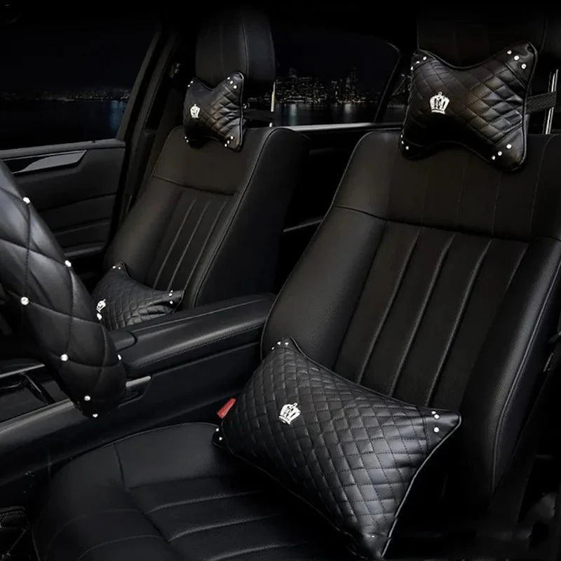 Crystal Crown Leather Car Neck Pillow - Bone Shape Headrest Support