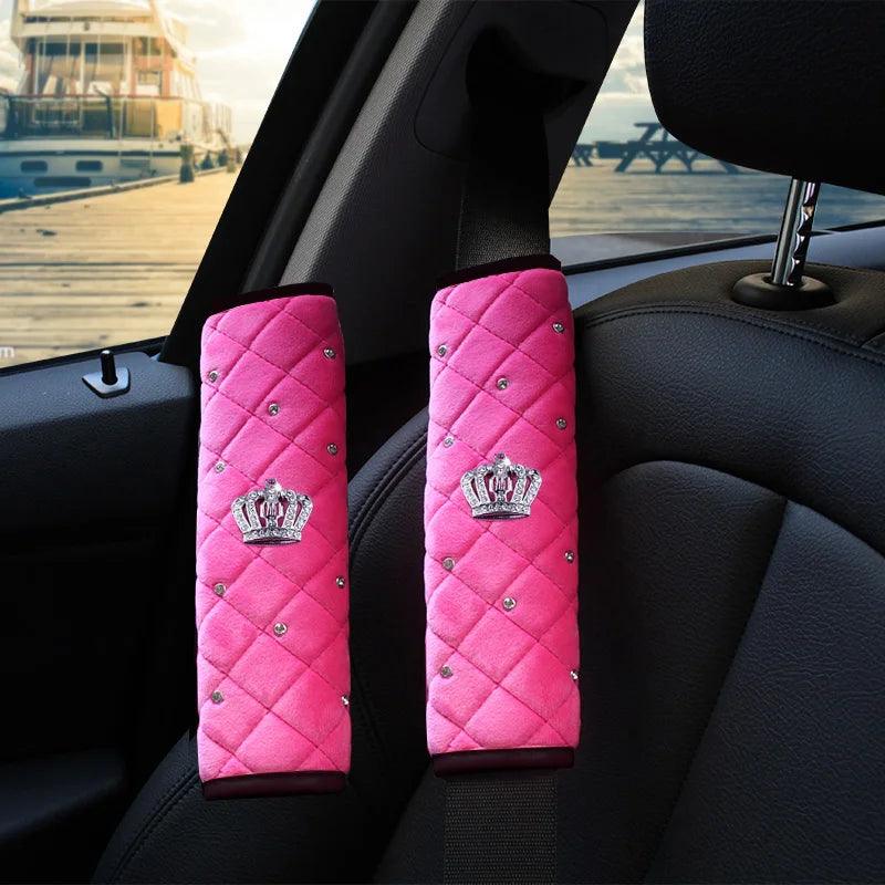 Bling Rhinestone Crown Car Seat Belt Covers - Black Pink Crystal Plush
