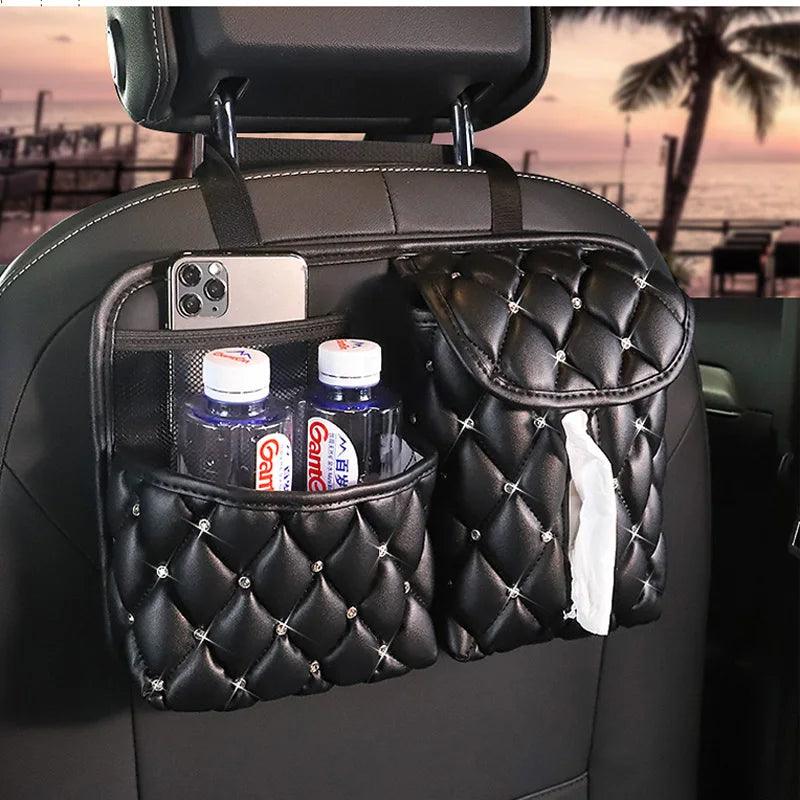 Rhinestone Crown Leather Car Seat Organizer Storage Bag Tissue Holder