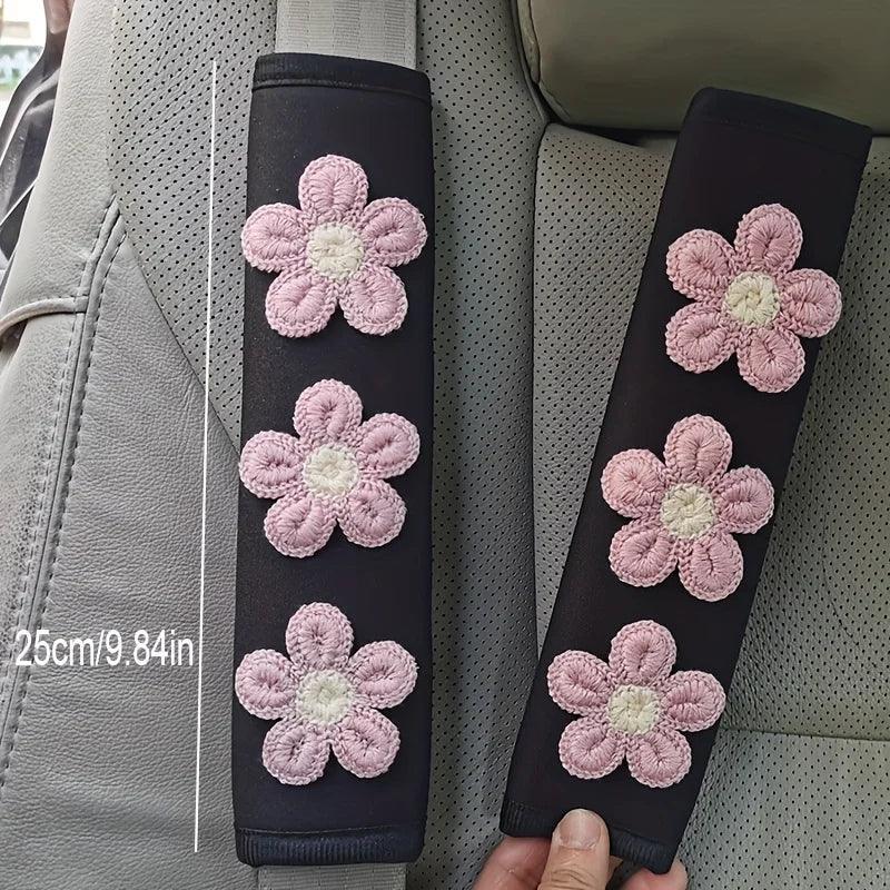 Ice Silk Pink Flower Seat Belt Shoulder Pads - 2pcs Car Safety Set