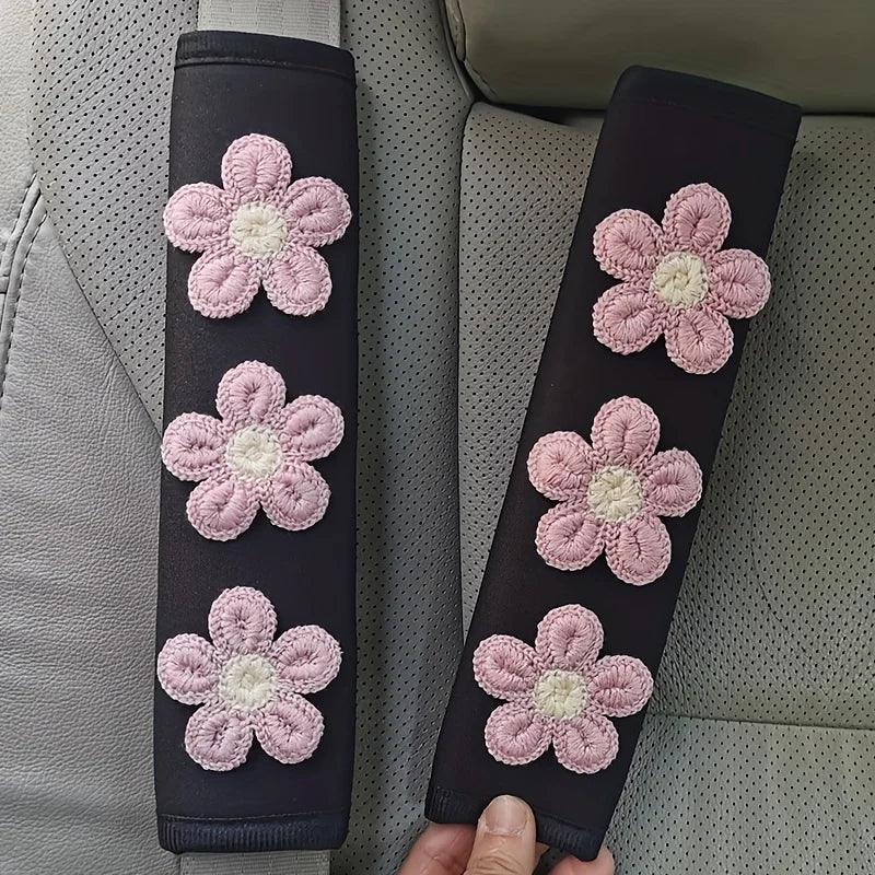 Ice Silk Pink Flower Seat Belt Shoulder Pads - 2pcs Car Safety Set