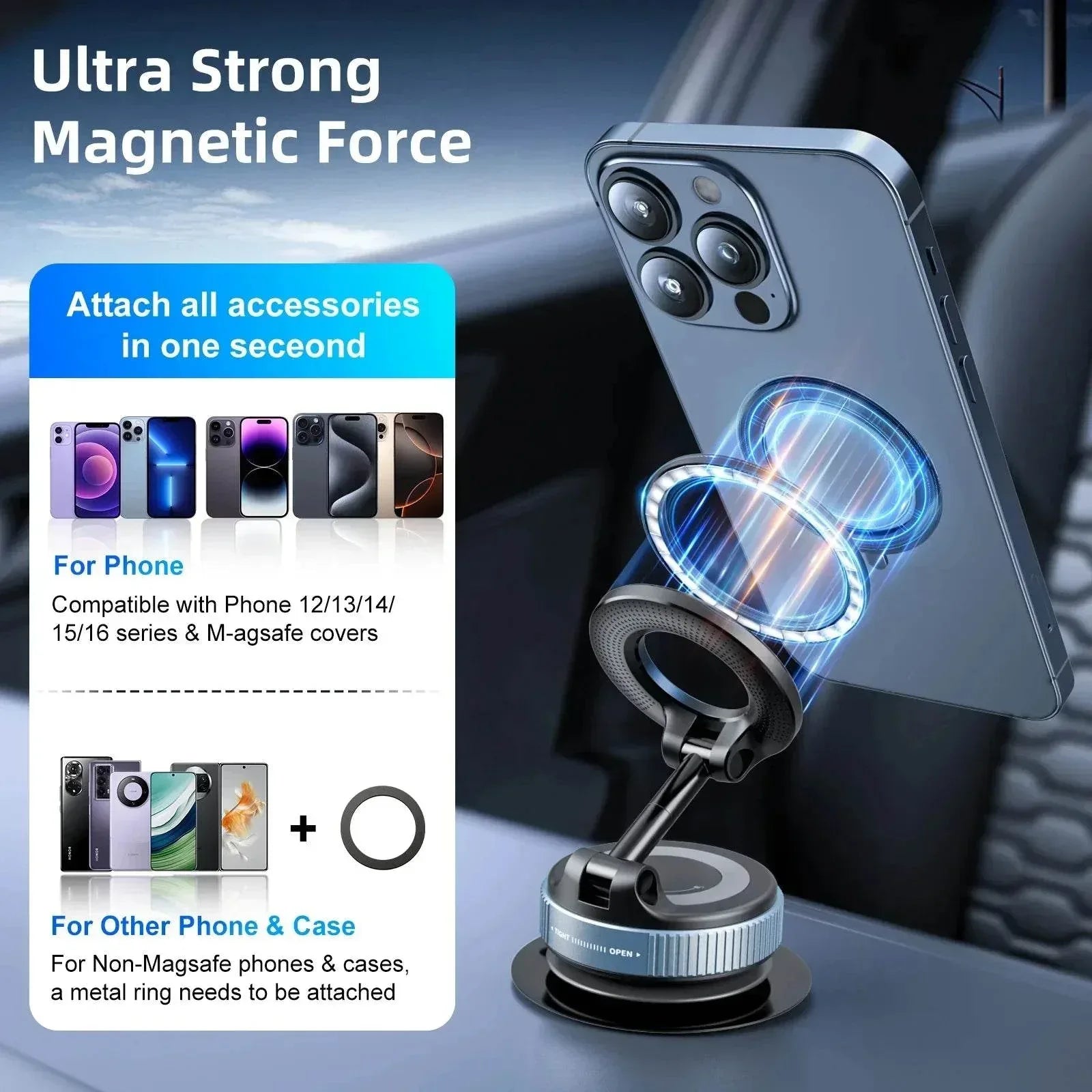 360° Magnetic Car Phone Holder – Vacuum Suction Mount