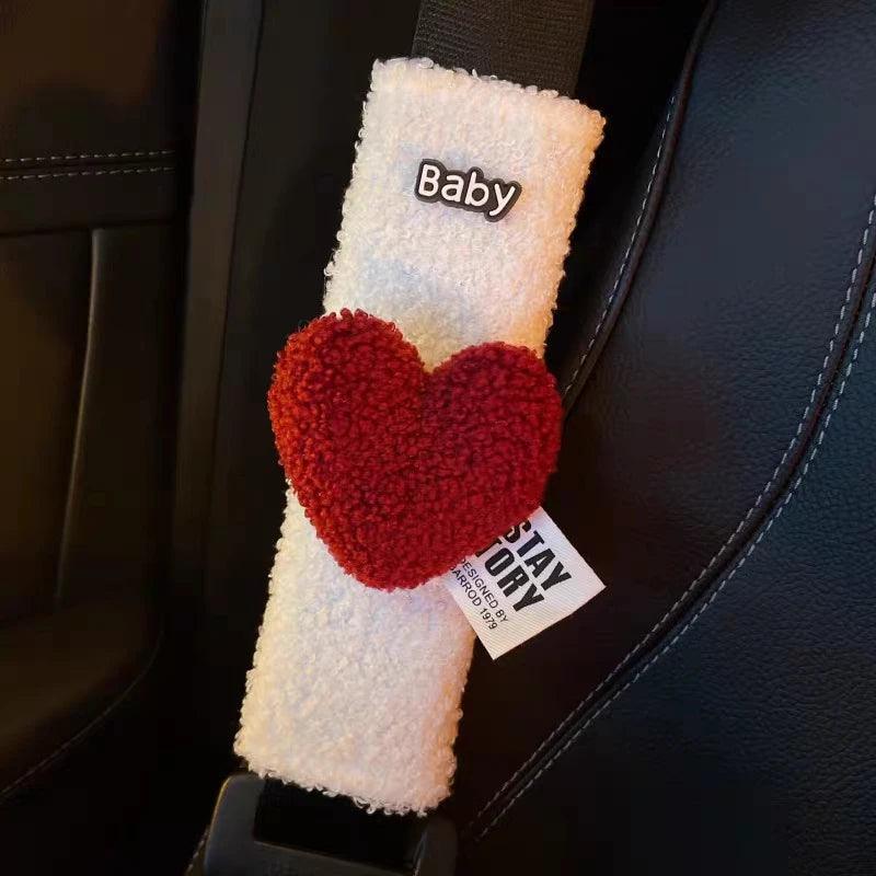 Red Heart Plush Car Seat Belt Shoulder Pad Cover - Soft Comfort