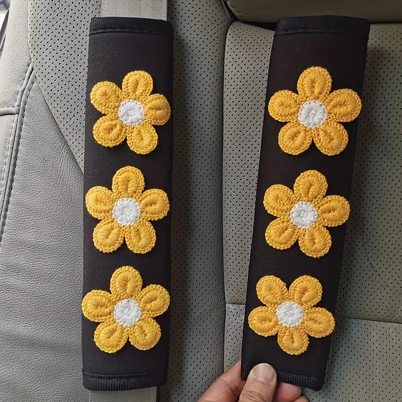 Ice Silk Pink Flower Seat Belt Shoulder Pads - 2pcs Car Safety Set