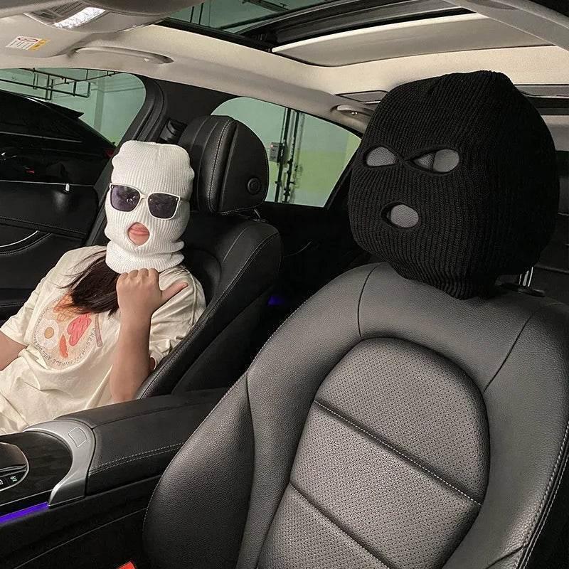 3-Hole Funny Car Seat Headrest Cover – Full Face Ski Mask Design
