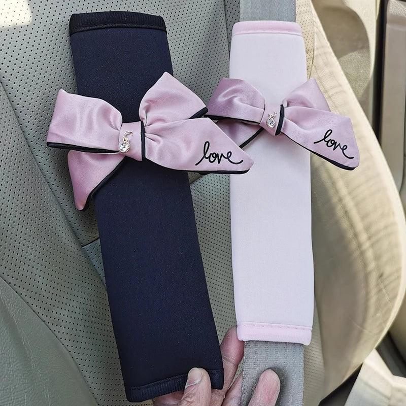 2pcs Pink Bow Tie Seat Belt Shoulder Pad Covers Car Interior