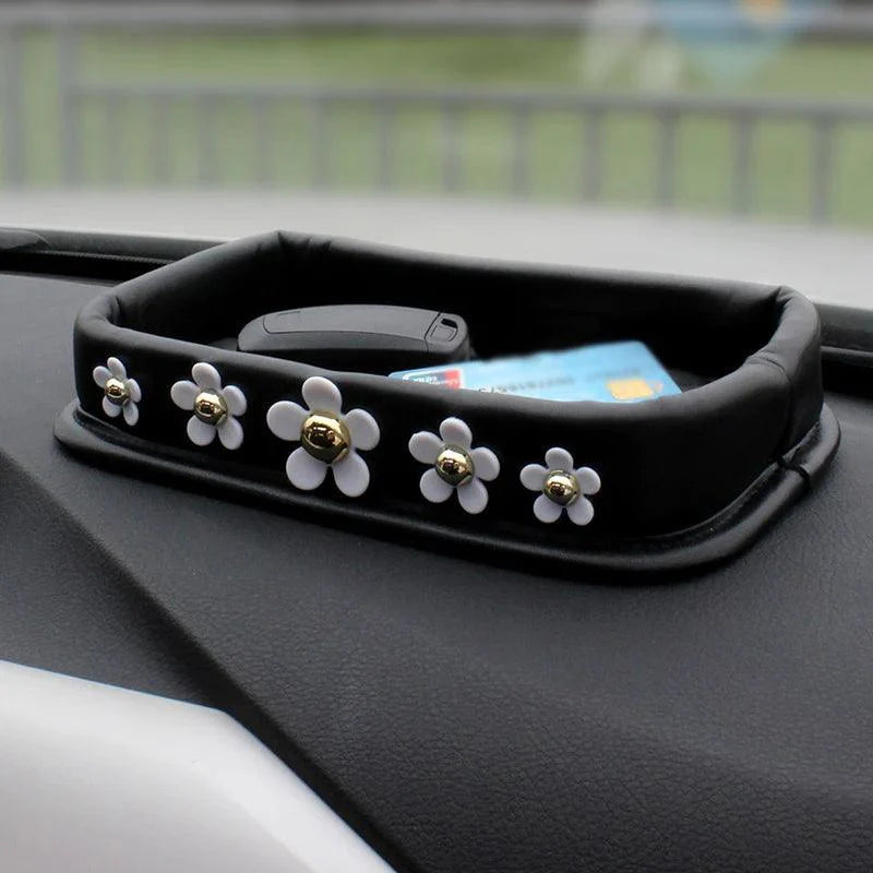 Camellia Rhinestone PU Leather Car Phone Storage Box Dashboard Organizer