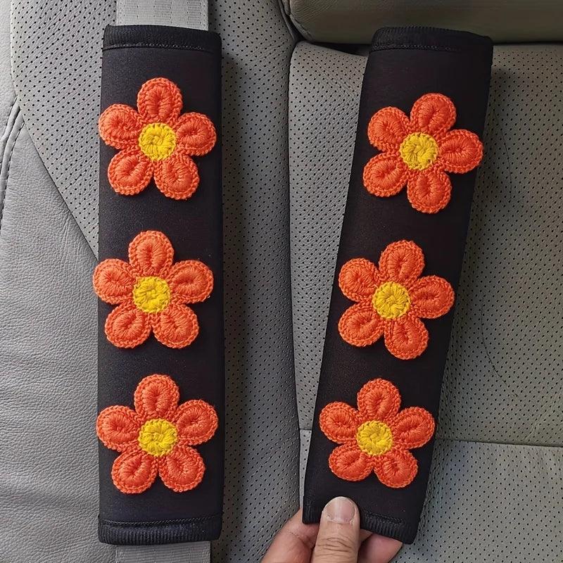 Ice Silk Pink Flower Seat Belt Shoulder Pads - 2pcs Car Safety Set