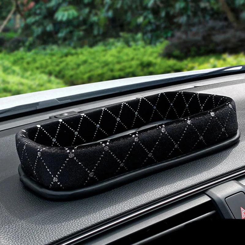 Camellia Rhinestone PU Leather Car Phone Storage Box Dashboard Organizer
