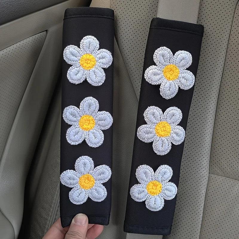 Ice Silk Pink Flower Seat Belt Shoulder Pads - 2pcs Car Safety Set