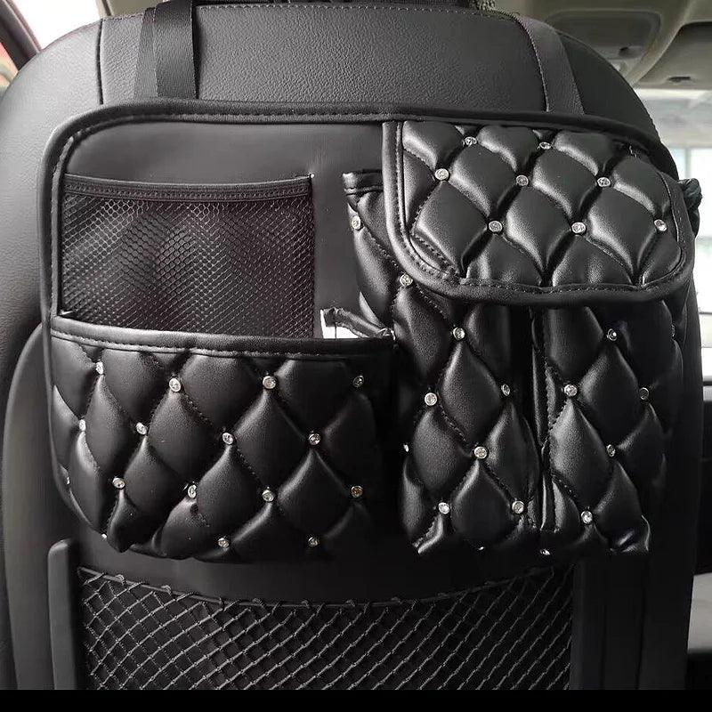 Rhinestone Crown Leather Car Seat Organizer Storage Bag Tissue Holder