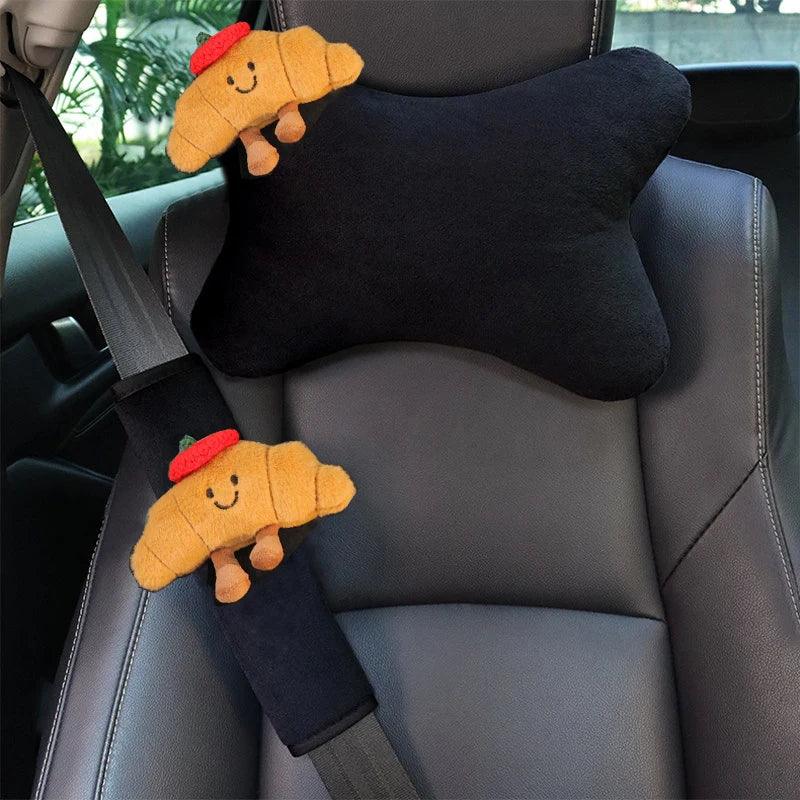 Soft Plush Car Neck Pillow Croissant Design Bone-Shaped Headrest