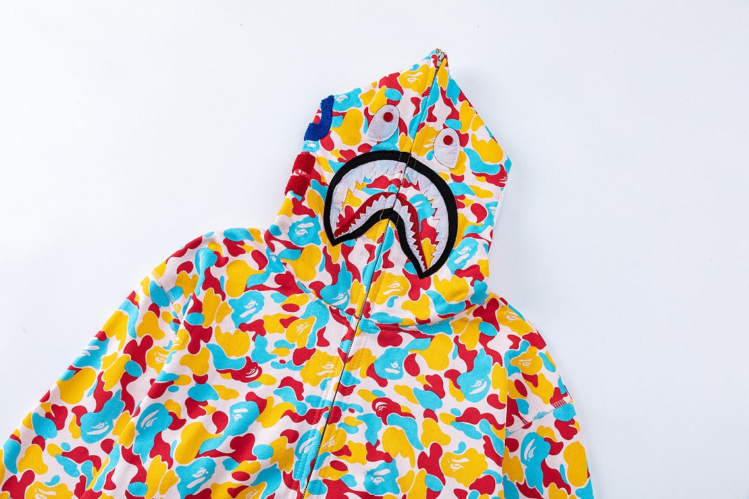 BAPE Shark Full Zip Camo Hoodie (Yellow, Blue & Red Multi-Camo)