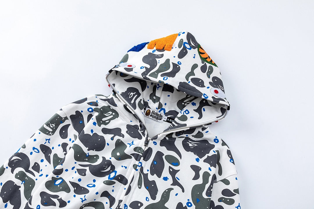 BAPE Shark Full Zip Camo Hoodie (White & Blue Paint Splatter Camo)