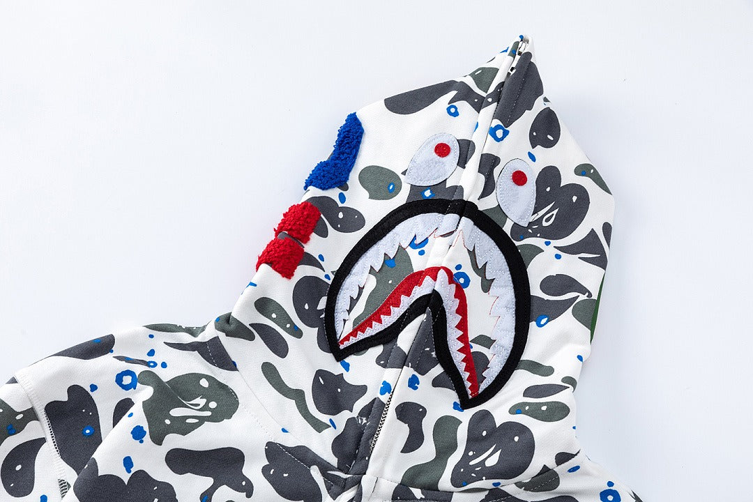 BAPE Shark Full Zip Camo Hoodie (White & Blue Paint Splatter Camo)