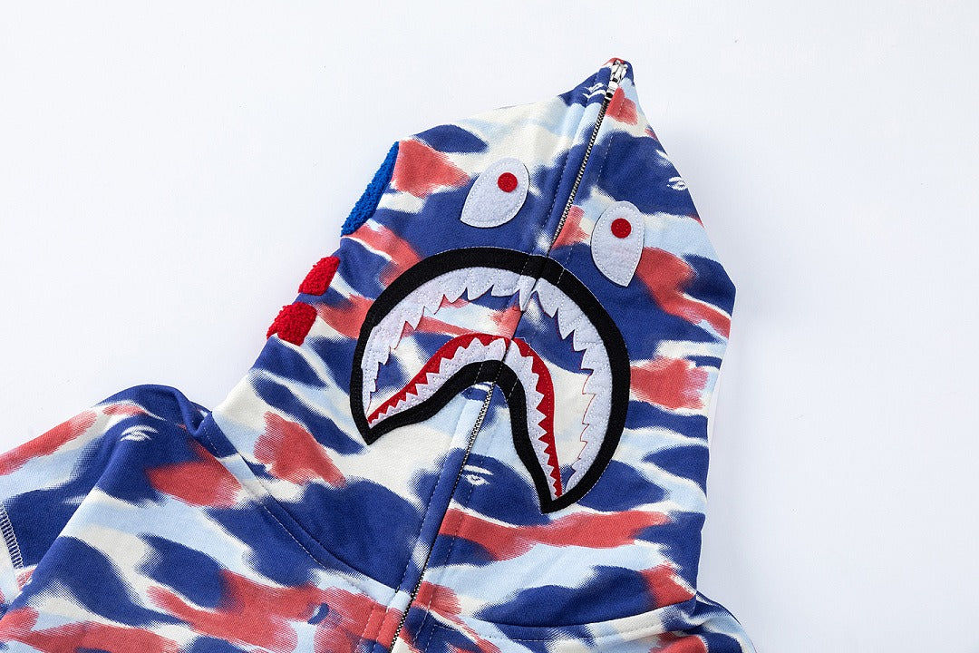 BAPE Shark Full Zip Camo Hoodie (Blue, Red & White Multi-Camo)