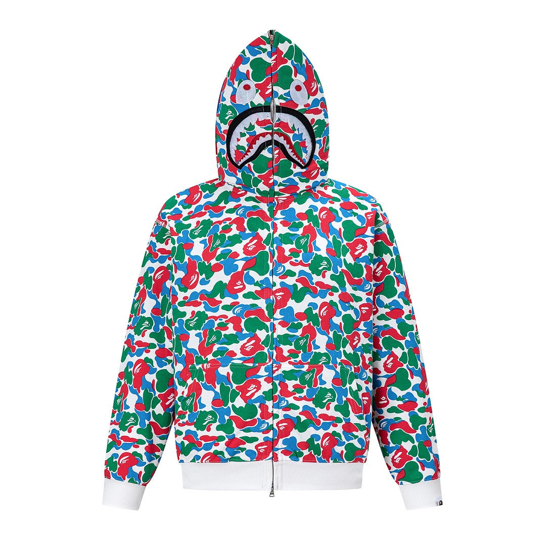 BAPE Shark Full Zip Camo Hoodie (Green, Red & Blue Multi-Camo)